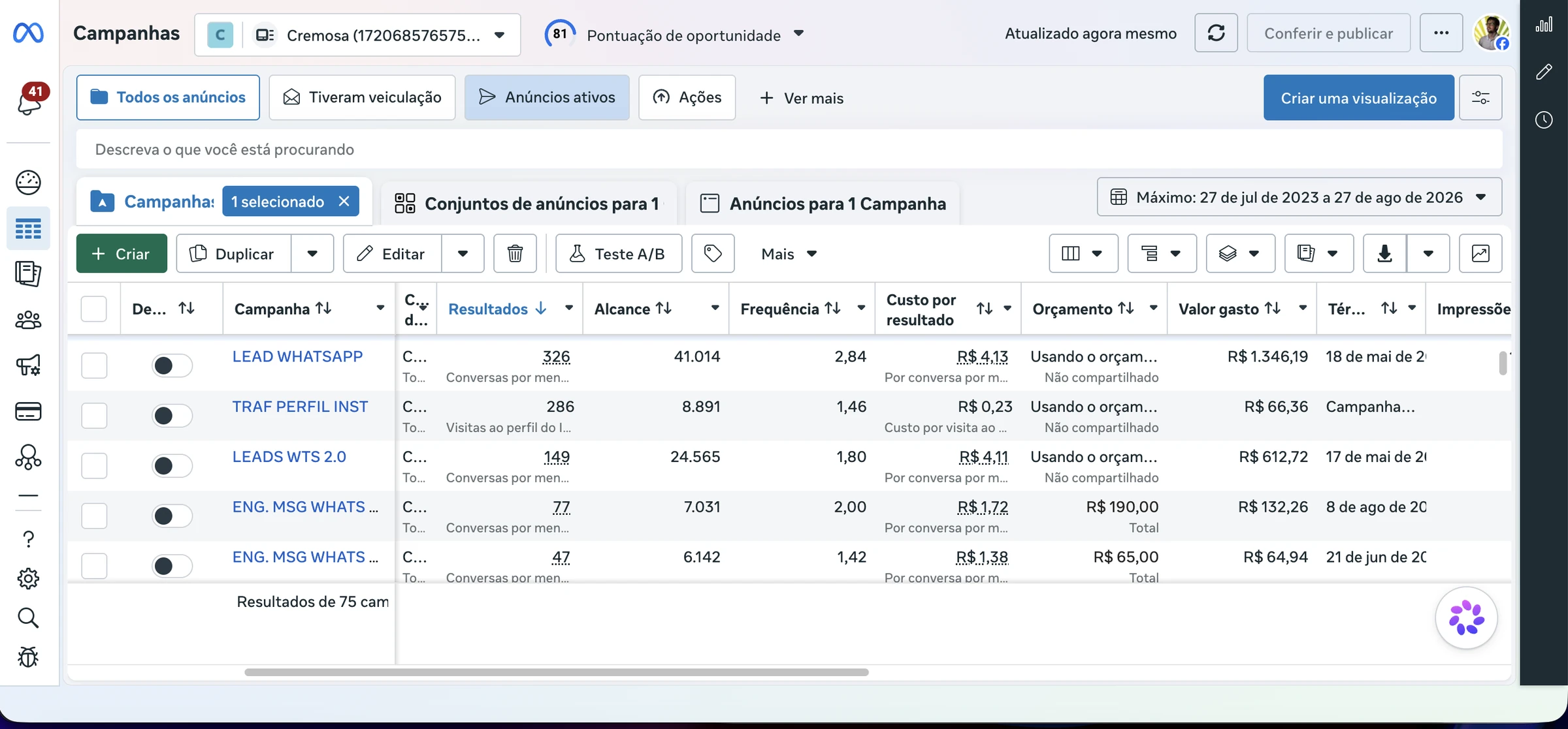 Tela real do Gerenciador de Anúncios com campanhas, resultados, alcance, frequência e custos